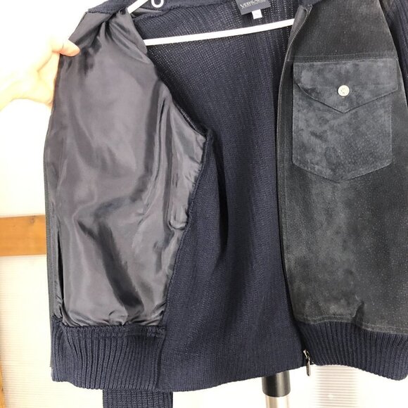 Versace JEANS‎ COUTURE VTG Wool Blend Knit Suede Leather Navy Jacket Sz S - Picture 8 of 16